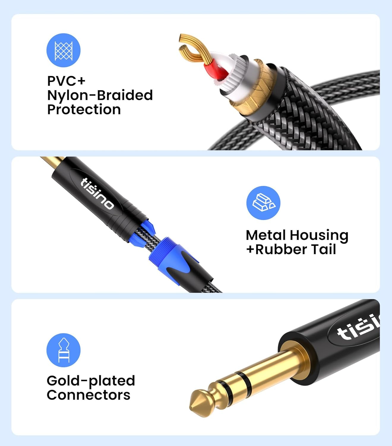 1/4 Inch TRS Balanced Stereo Audio Cable - Male to Male Pro Interconnect Cable for Guitar, Nylon Braided, 3 Feet