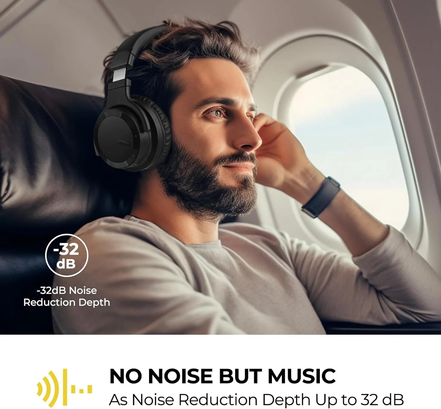 Wireless Active Noise Cancelling Bluetooth Headphones with Microphone, Over-Ear Design, Deep Bass, Comfortable Protein Earpads, 30 Hours Playtime - Ideal for Travel and Work, Black