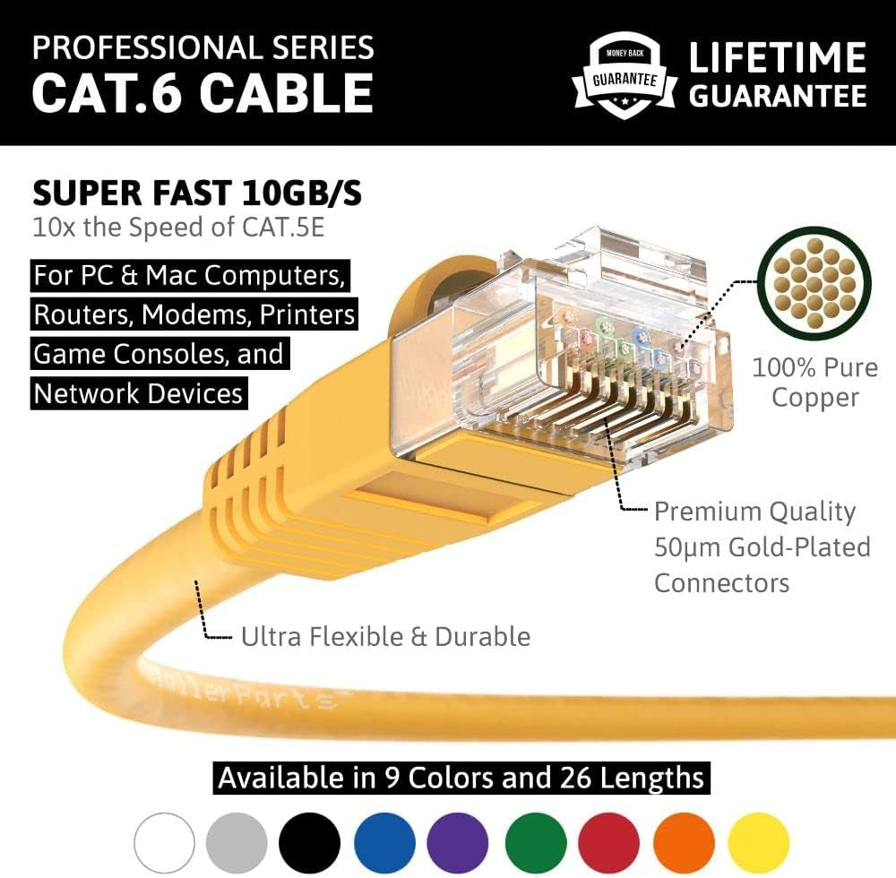 Professional Series CAT6 UTP Booted Patch Cable - Yellow - 100 FT - 5 Pack - 10Gbps Network and Internet Connectivity