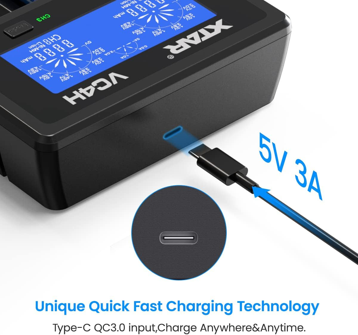 VC4H 18650 Battery Charger - 4-Bay USB-C Charger for 21700 Batteries (Batteries Not Included)