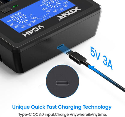 VC4H 18650 Battery Charger - 4-Bay USB-C Charger for 21700 Batteries (Batteries Not Included)