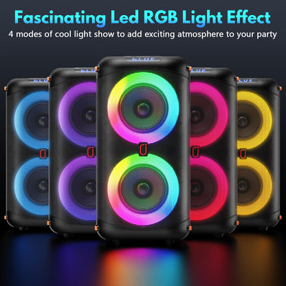 Portable Bluetooth Speaker System with Dual 6.5'' Subwoofers and LED Lights for Outdoor Events, Model T27-T