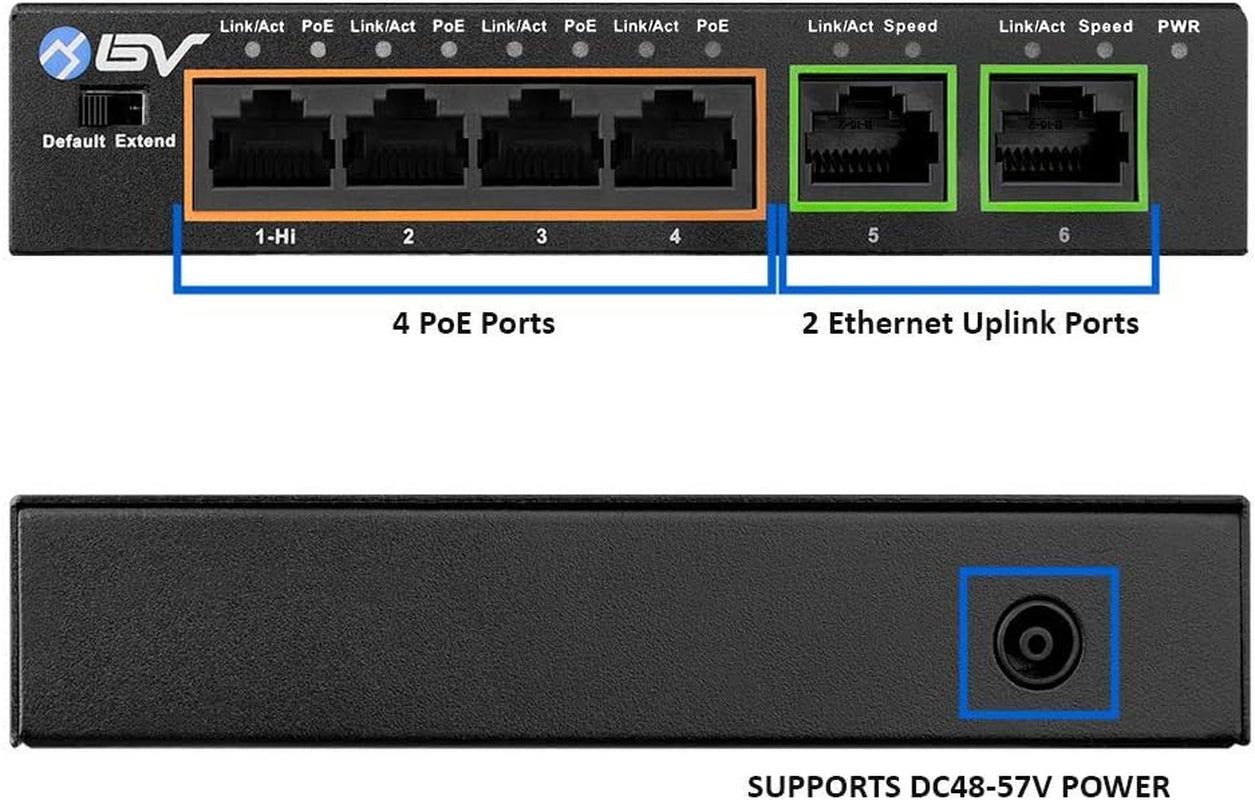 Tech 6-Port PoE+ Switch with 4 PoE+ Ports, 2 Ethernet Uplinks, and Extend Function - 60W, 802.3at, High Power PoE Port, Fanless Desktop Design, Plug & Play, Durable Metal Housing