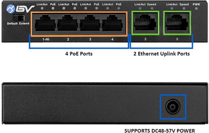 Tech 6-Port PoE+ Switch with 4 PoE+ Ports, 2 Ethernet Uplinks, and Extend Function - 60W, 802.3at, High Power PoE Port, Fanless Desktop Design, Plug & Play, Durable Metal Housing