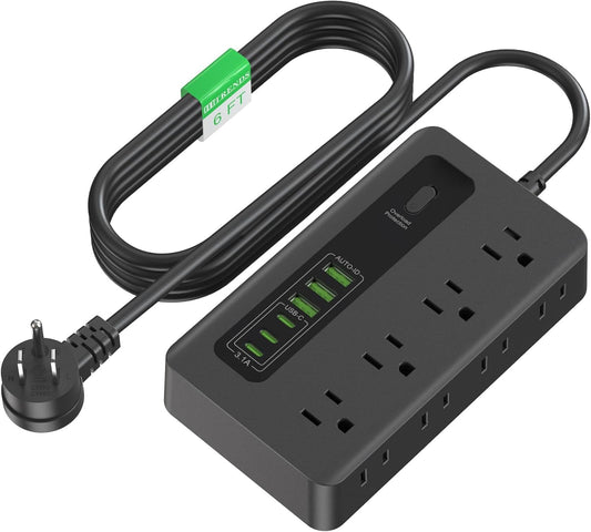Surge Protector Power Strip with USB and Type-C Ports, 6 Ft Flat Plug Extension Cord, 8 Outlets, Ideal for Home and Office Use, Black