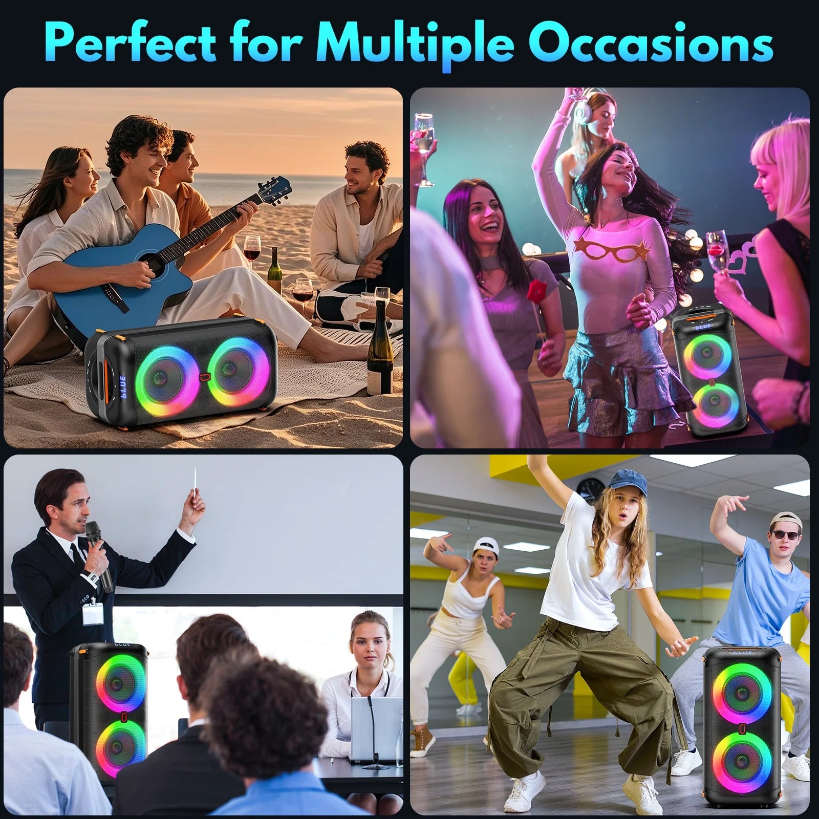 Portable Bluetooth Speaker System with Dual 6.5'' Subwoofers and LED Lights for Outdoor Events, Model T27-T