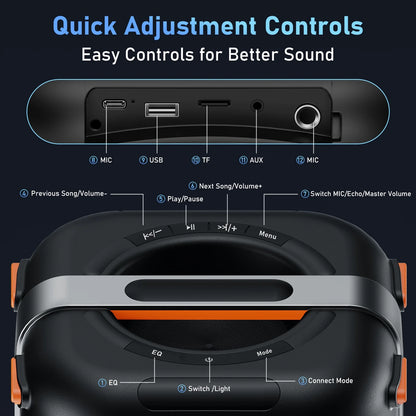 Portable Bluetooth Speaker System with Dual 6.5'' Subwoofers and LED Lights for Outdoor Events, Model T27-T