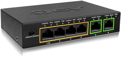 Tech 6-Port PoE+ Switch with 4 PoE+ Ports, 2 Ethernet Uplinks, and Extend Function - 60W, 802.3at, High Power PoE Port, Fanless Desktop Design, Plug & Play, Durable Metal Housing