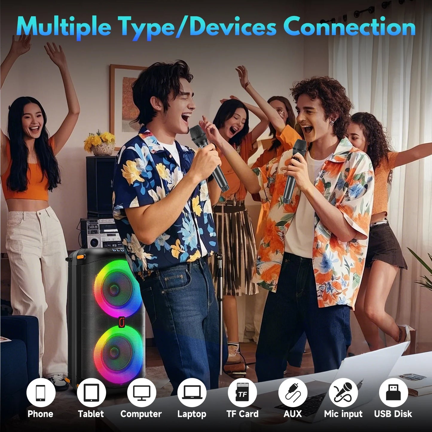 Portable Bluetooth Speaker System with Dual 6.5'' Subwoofers and LED Lights for Outdoor Events, Model T27-T