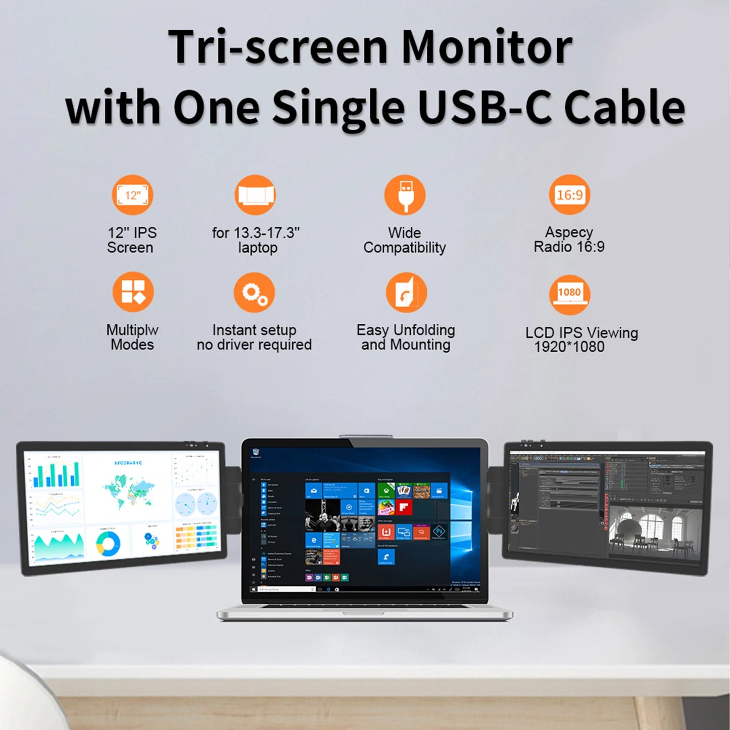 12-Inch Dual Monitor Screen Extender for Laptops - 1920x1080 HD IPS LCD Compatible with MacBook and Huawei