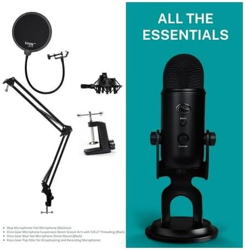 Elevate Your Streaming Game with the Blue Yeti Microphone (Blackout) Bundle – Includes Boom Arm Stand, Shock Mount, and Pop Filter!