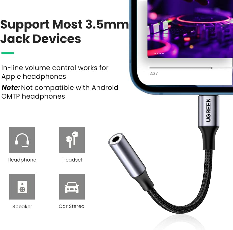 UGREEN Lightning to 3.5mm Headphone Adapter for iPhone - MFi Certified Aux Audio Jack Dongle Compatible with iPhone 14 Pro Max, 14 Plus, 13, 12, 11 Pro Max, SE, and XS - Grey