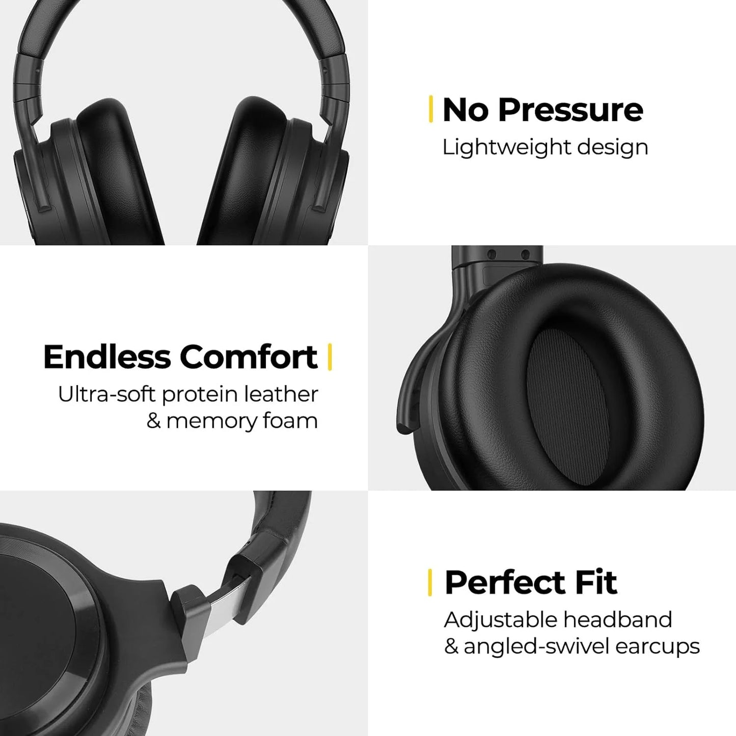 Wireless Active Noise Cancelling Bluetooth Headphones with Microphone, Over-Ear Design, Deep Bass, Comfortable Protein Earpads, 30 Hours Playtime - Ideal for Travel and Work, Black