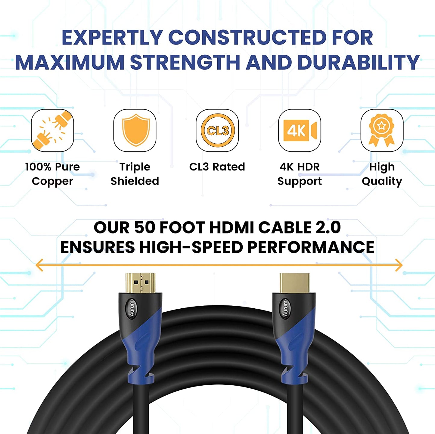 50ft High-Speed 4K HDMI Cable with Ethernet, 4K@60Hz, UHD Resolution, ARC, 3D, CL3 Certified - Compatible with HDTV, PC, Laptop, PS3, Xbox, Blu-Ray