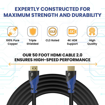 50ft High-Speed 4K HDMI Cable with Ethernet, 4K@60Hz, UHD Resolution, ARC, 3D, CL3 Certified - Compatible with HDTV, PC, Laptop, PS3, Xbox, Blu-Ray