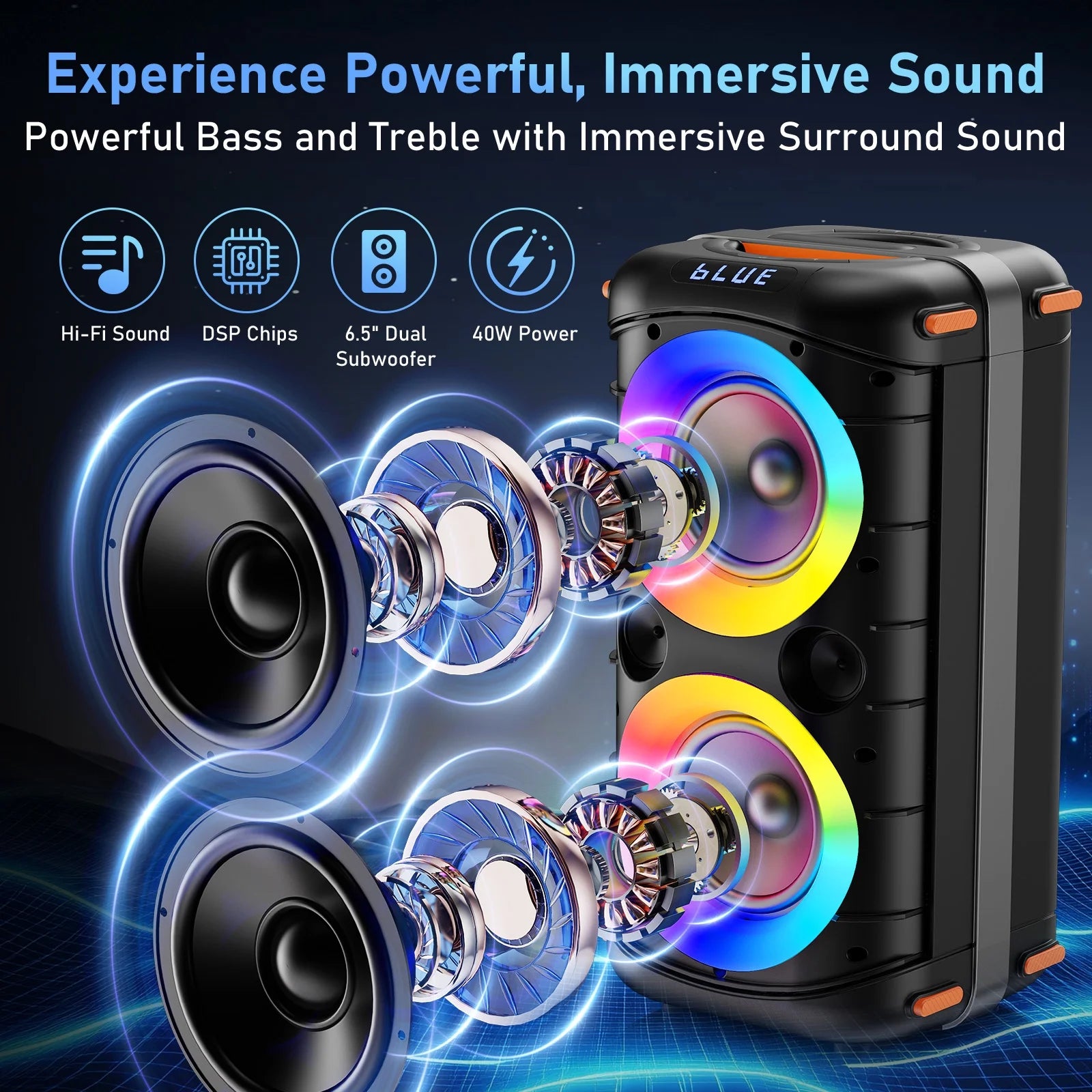 Portable Bluetooth Speaker System with Dual 6.5'' Subwoofers and LED Lights for Outdoor Events, Model T27-T