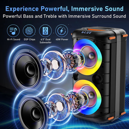 Portable Bluetooth Speaker System with Dual 6.5'' Subwoofers and LED Lights for Outdoor Events, Model T27-T