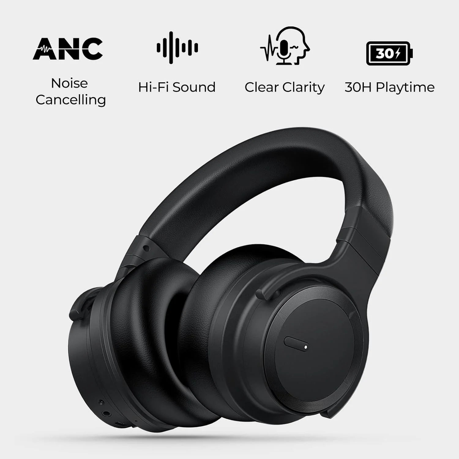 Wireless Active Noise Cancelling Bluetooth Headphones with Microphone, Over-Ear Design, Deep Bass, Comfortable Protein Earpads, 30 Hours Playtime - Ideal for Travel and Work, Black