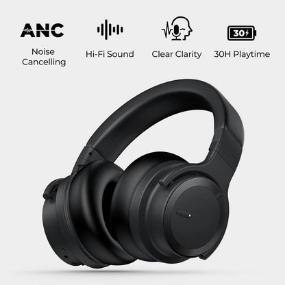 Wireless Active Noise Cancelling Bluetooth Headphones with Microphone, Over-Ear Design, Deep Bass, Comfortable Protein Earpads, 30 Hours Playtime - Ideal for Travel and Work, Black