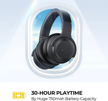 Wireless Active Noise Cancelling Bluetooth Headphones with Microphone, Over-Ear Design, Deep Bass, Comfortable Protein Earpads, 30 Hours Playtime - Ideal for Travel and Work, Black