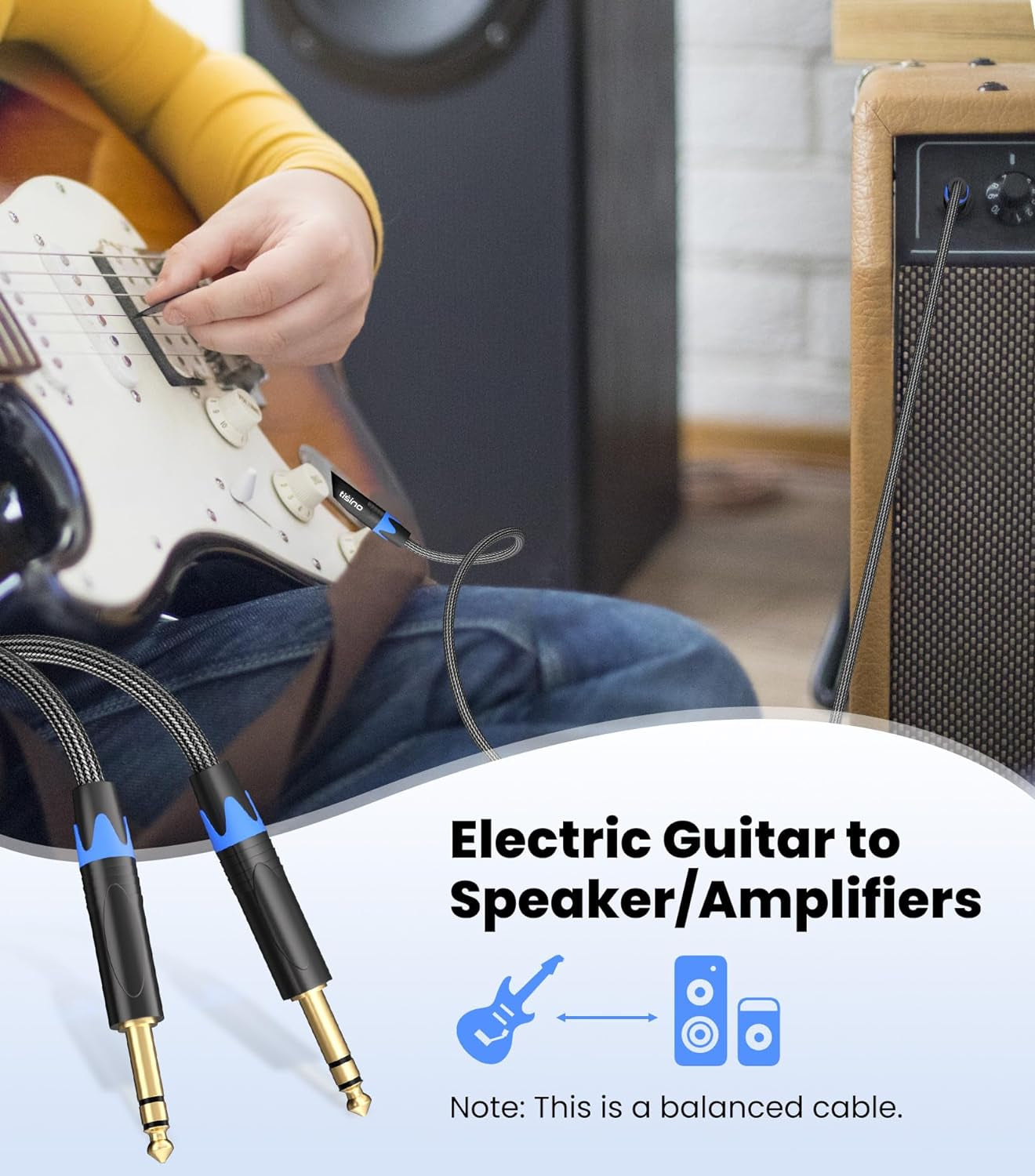 1/4 Inch TRS Balanced Stereo Audio Cable - Male to Male Pro Interconnect Cable for Guitar, Nylon Braided, 3 Feet
