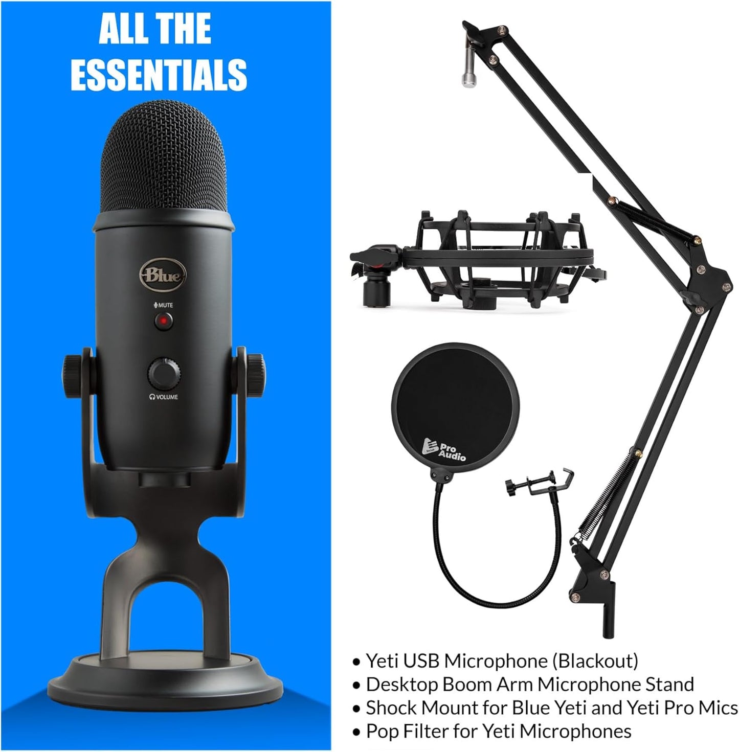 Elevate Your Streaming Game with the Blue Yeti Microphone (Blackout) Bundle – Includes Boom Arm Stand, Shock Mount, and Pop Filter!