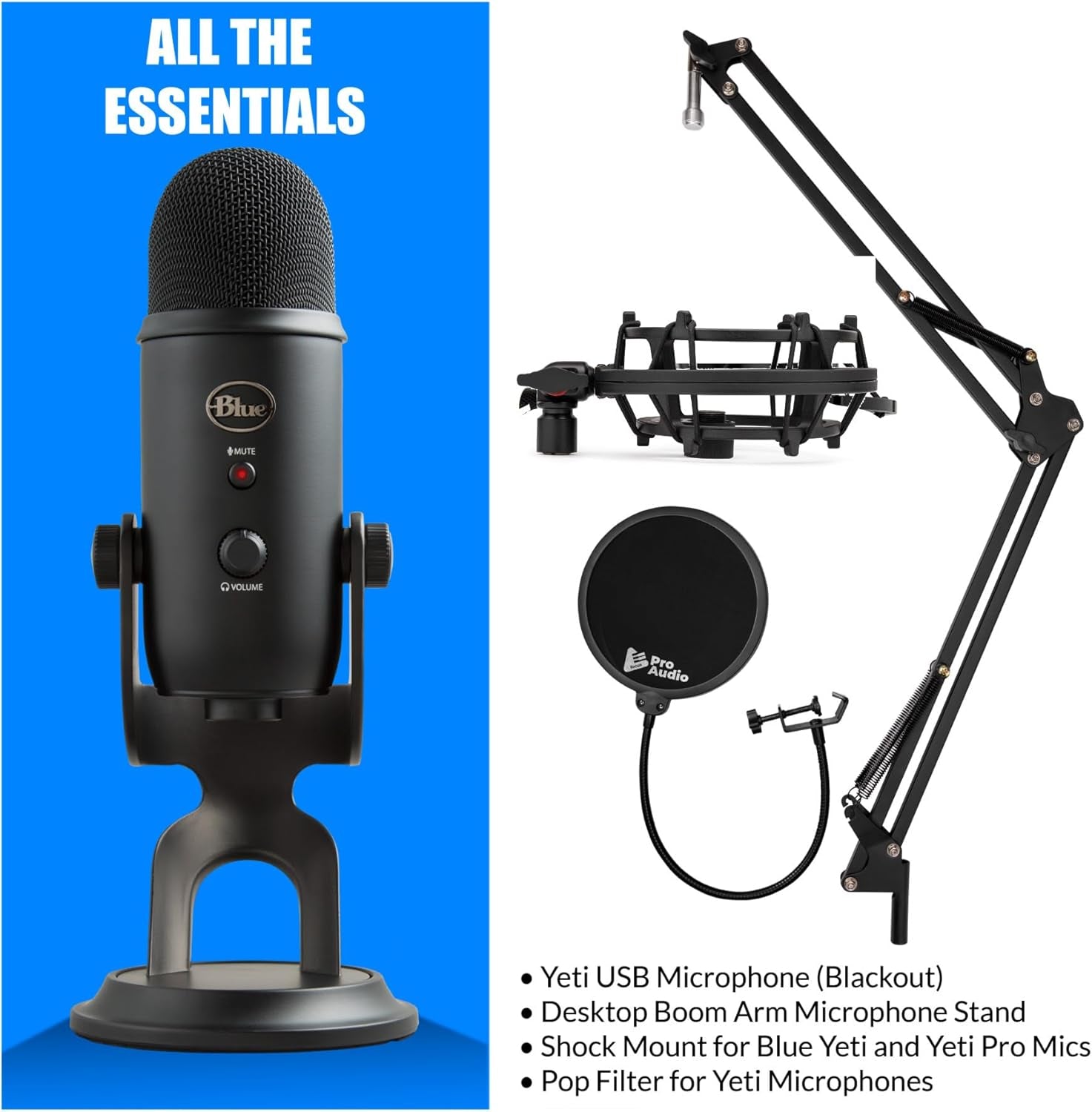 Elevate Your Streaming Game with the Blue Yeti Microphone (Blackout) Bundle – Includes Boom Arm Stand, Shock Mount, and Pop Filter!