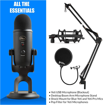 Elevate Your Streaming Game with the Blue Yeti Microphone (Blackout) Bundle – Includes Boom Arm Stand, Shock Mount, and Pop Filter!