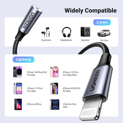 UGREEN Lightning to 3.5mm Headphone Adapter for iPhone - MFi Certified Aux Audio Jack Dongle Compatible with iPhone 14 Pro Max, 14 Plus, 13, 12, 11 Pro Max, SE, and XS - Grey
