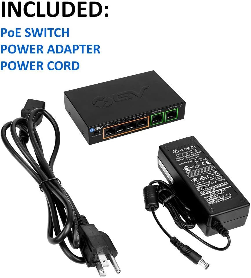 Tech 6-Port PoE+ Switch with 4 PoE+ Ports, 2 Ethernet Uplinks, and Extend Function - 60W, 802.3at, High Power PoE Port, Fanless Desktop Design, Plug & Play, Durable Metal Housing