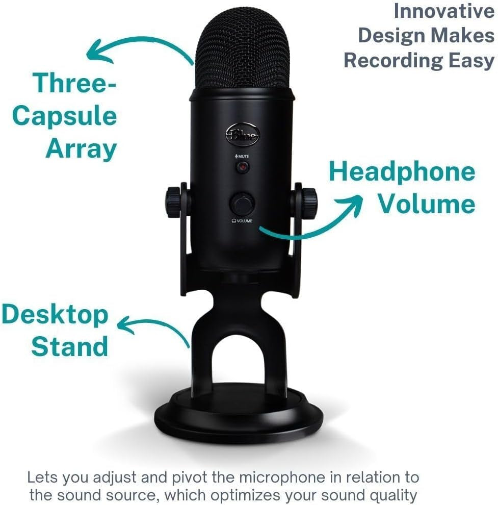 Elevate Your Streaming Game with the Blue Yeti Microphone (Blackout) Bundle – Includes Boom Arm Stand, Shock Mount, and Pop Filter!