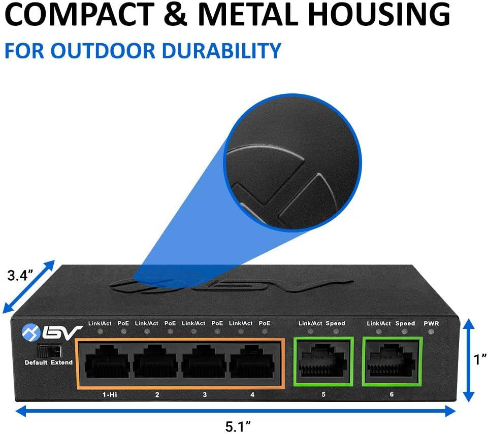 Tech 6-Port PoE+ Switch with 4 PoE+ Ports, 2 Ethernet Uplinks, and Extend Function - 60W, 802.3at, High Power PoE Port, Fanless Desktop Design, Plug & Play, Durable Metal Housing