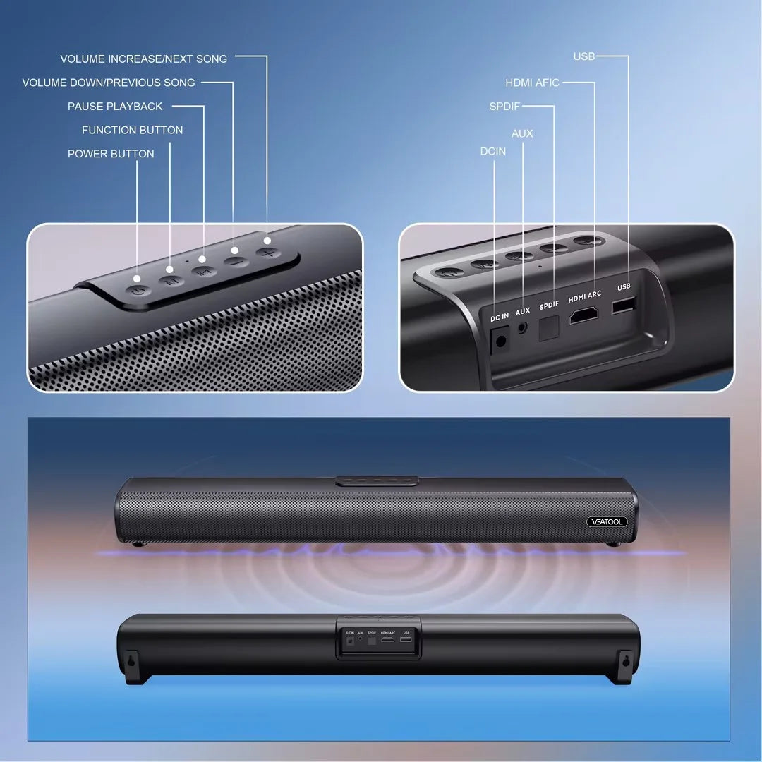 S20L 3D Surround Sound Bar for TV - 2.1 Channel Home Theater Audio System with Built-In Subwoofer, 50W Speakers, HDMI ARC, Bluetooth, Optical, RCA, USB & AUX, Wall Mountable