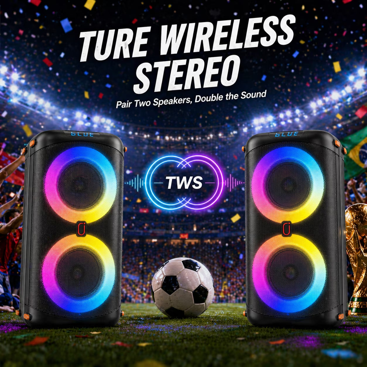 Portable Bluetooth Speaker System with Dual 6.5'' Subwoofers and LED Lights for Outdoor Events, Model T27-T
