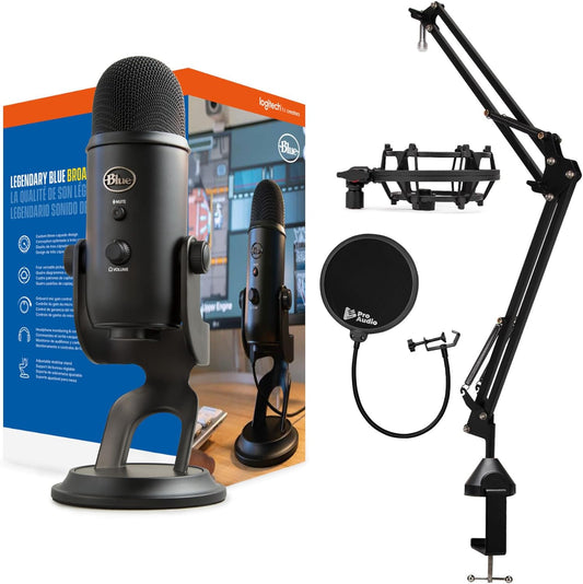 Elevate Your Streaming Game with the Blue Yeti Microphone (Blackout) Bundle – Includes Boom Arm Stand, Shock Mount, and Pop Filter!